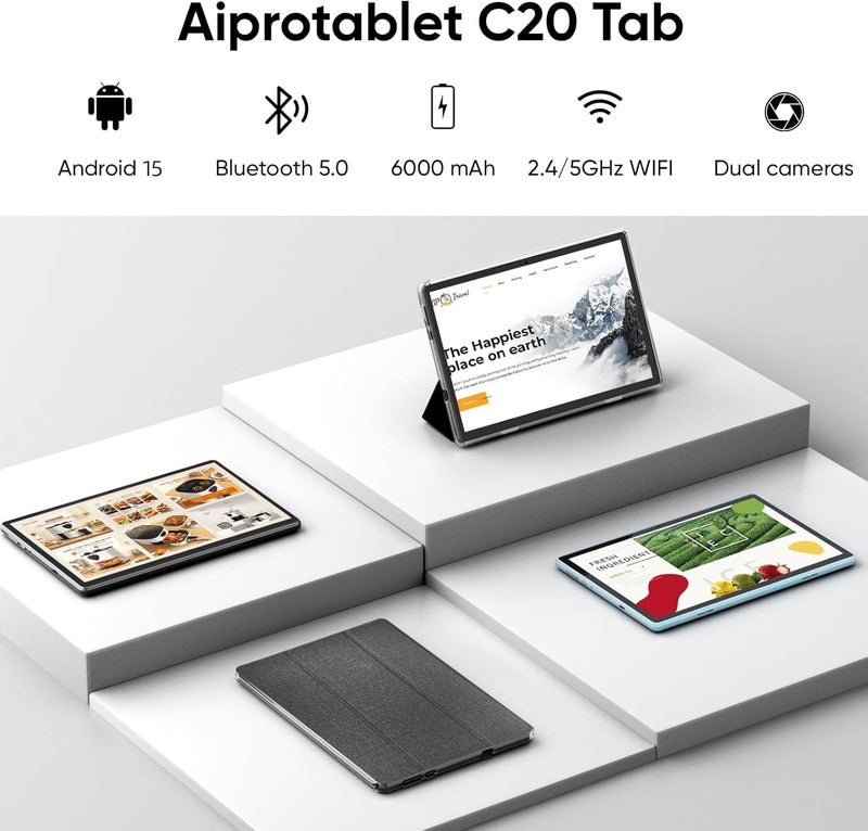 aiprotablet تابلت 10 بوصة أندرويد 15، 12 جيجابايت رام 64 جيجابايت روم 1 تيرابايت قابل للتوسيع، معالج رباعي النواة، شاشة تعمل باللمس LCD 1280x800، واي فاي 5، كاميرا مزدوجة، بلوتوث 5.0، بطارية 6000 مللي أمبير (أسود) - Image 2